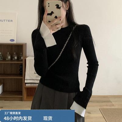大码长袖针织打底衫女秋冬韩系胖mm遮肚修身显瘦内搭毛衣短款上衣