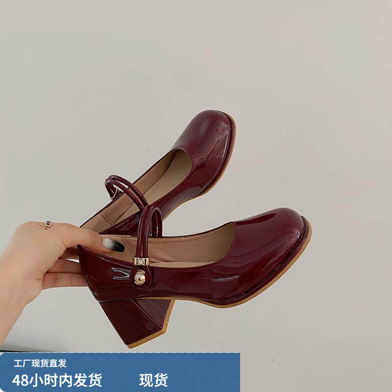 鞋子女2025法式复古玛丽珍温柔风红色高跟鞋粗跟单鞋小众JK小皮鞋