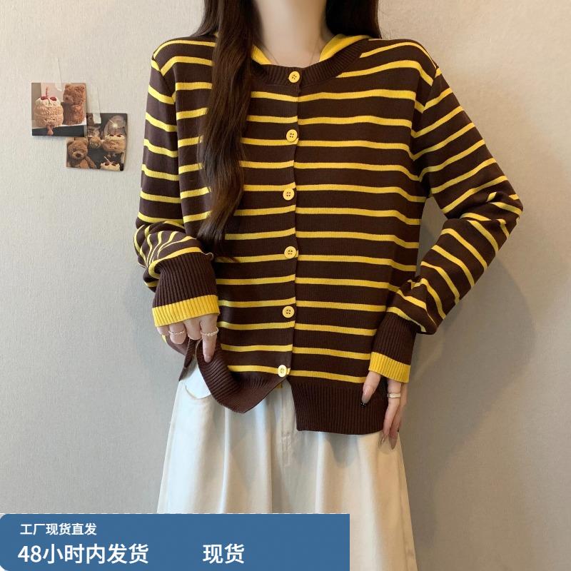 撞色条纹连帽针织开衫女秋冬新款大码胖mm宽松毛衣外套假两件上衣
