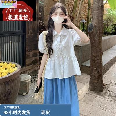 法式泡泡袖短袖棉麻上衣女夏季独特漂亮元气轻活风巨好看T恤套装