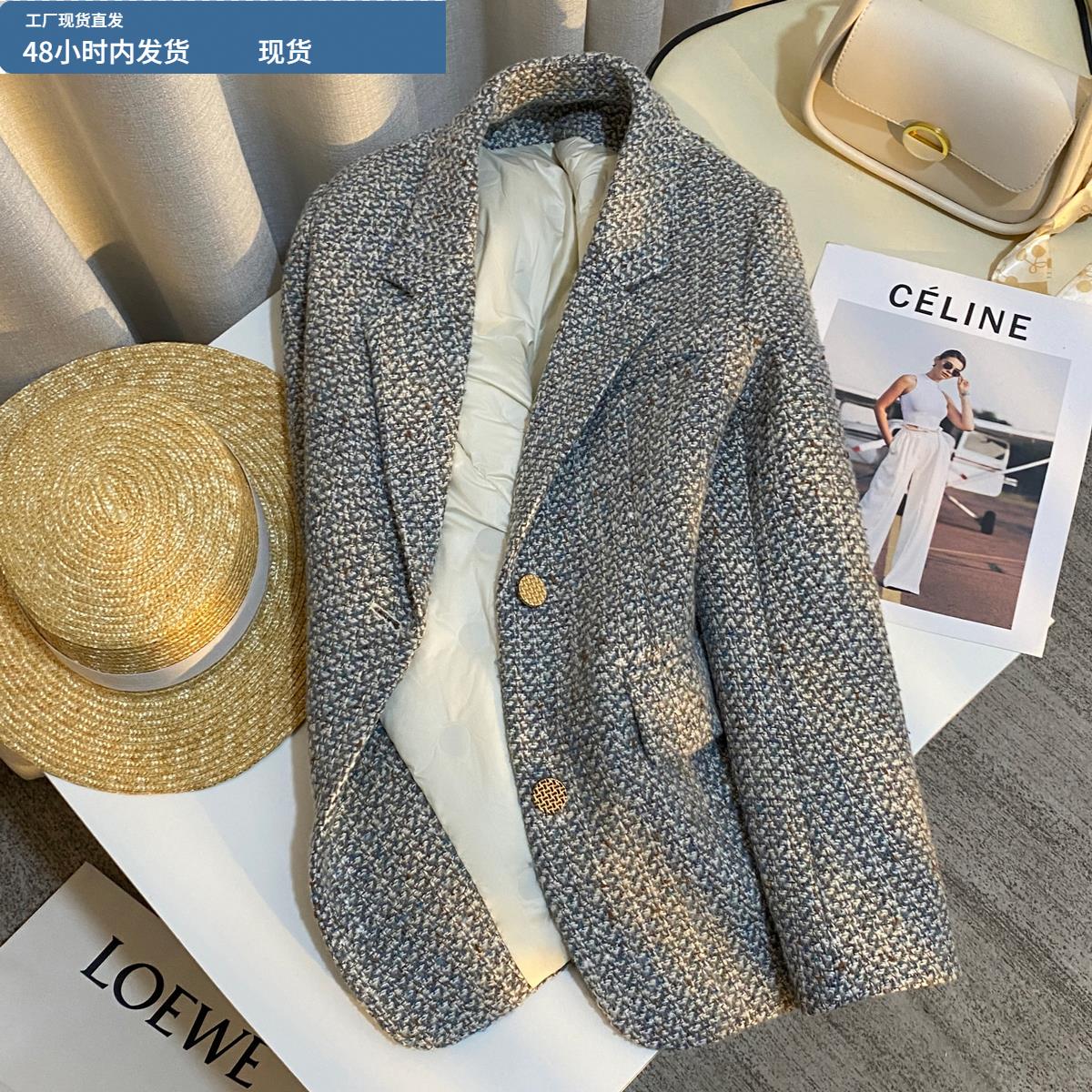 2024冬季新品蓝色设计感90白鸭绒西装外套女韩版羽绒内里保暖西服