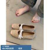 女晚晚风珍珠链条丝带方头瓢鞋 拼接绒面浅口平底单鞋 法式 羊皮版