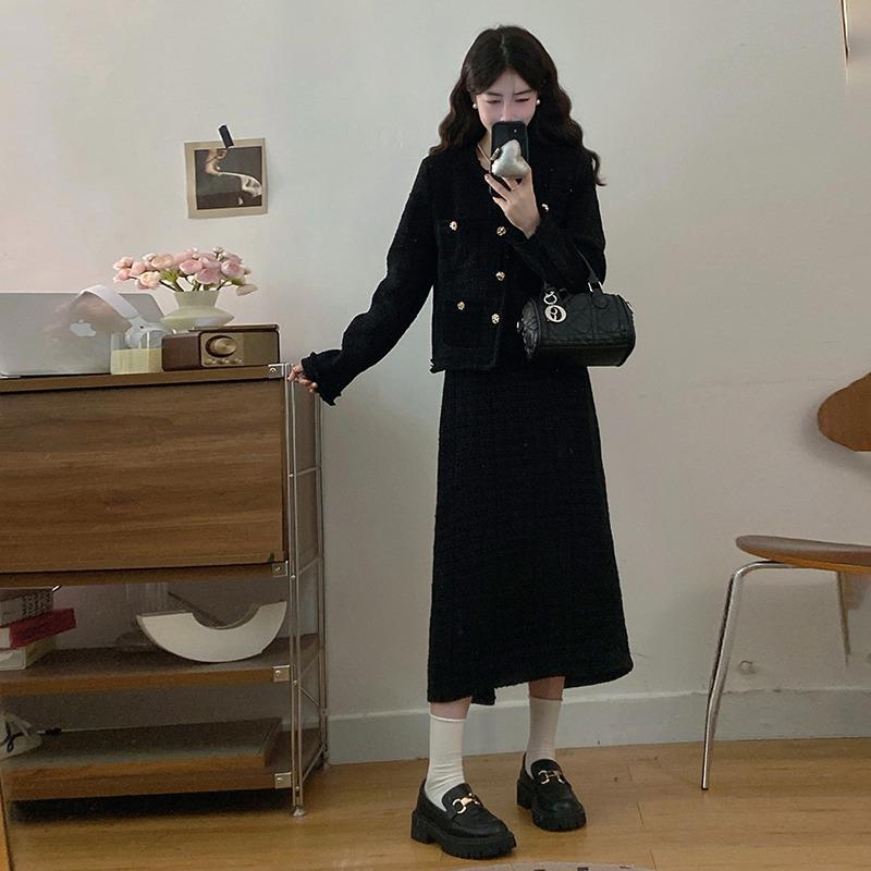 加棉加厚小香风外套半身裙两件套女秋冬大码胖mm时尚气质显瘦套装