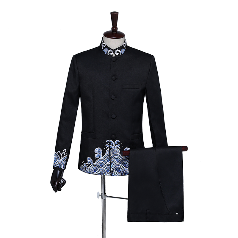 绣花新款中山装演出服男单位红歌大合唱国庆年会元旦主持人表演服