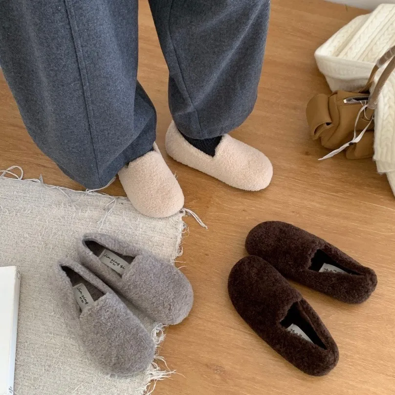 韩系小方头卷毛包头鞋复古低跟加绒保暖法式一脚蹬通勤女棉鞋