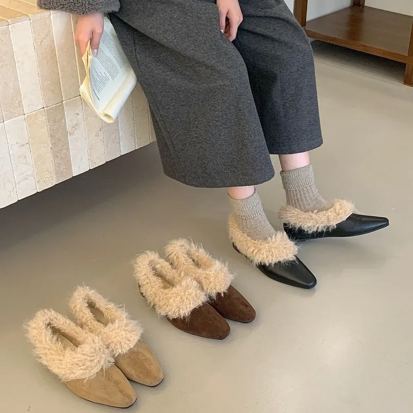 加厚绒里保暖尖头小皮鞋女2024新款秋冬深口羊卷毛毛棉鞋内增高鞋