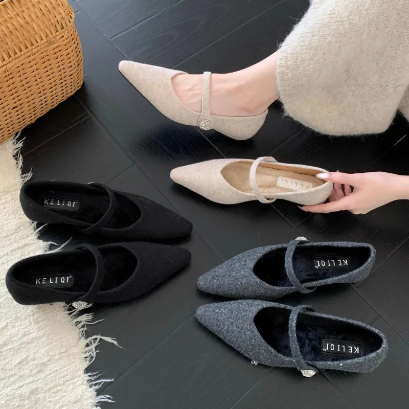 法式低跟坡跟尖头单鞋女鞋子2025秋冬季加绒百搭晚晚玛丽珍毛毛鞋