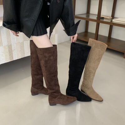 大筒围靴子女新款宽筒粗腿长筒靴欧美平底堆堆靴直筒靴绒面高筒靴