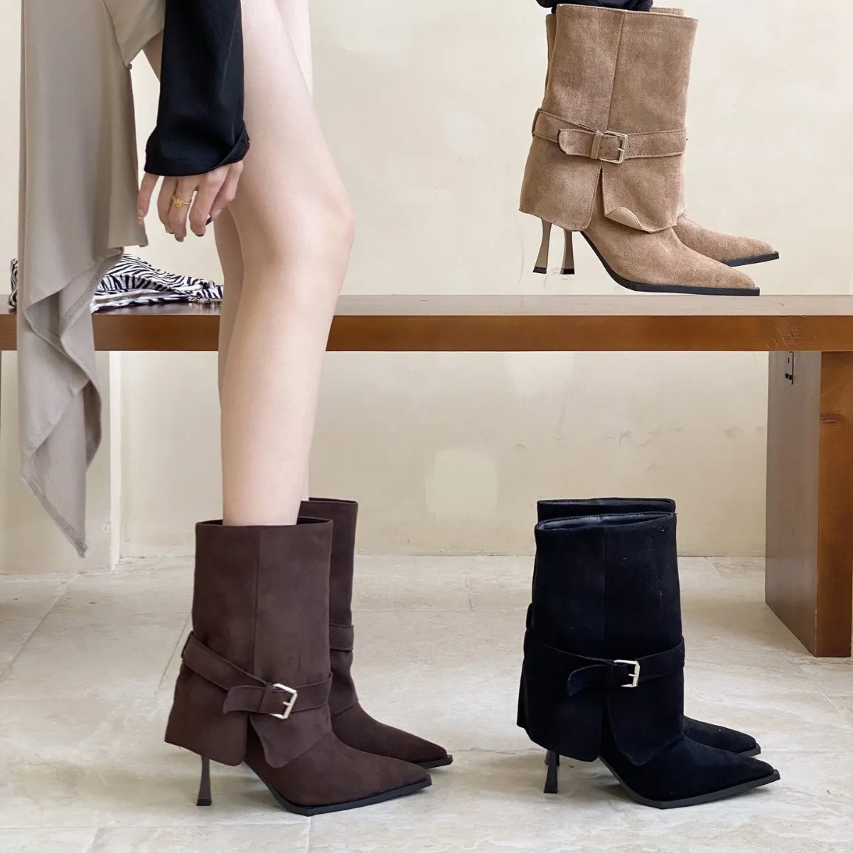 复古西部风皮带扣绒面尖头高跟短靴女细跟短筒裤管靴短筒瘦瘦靴