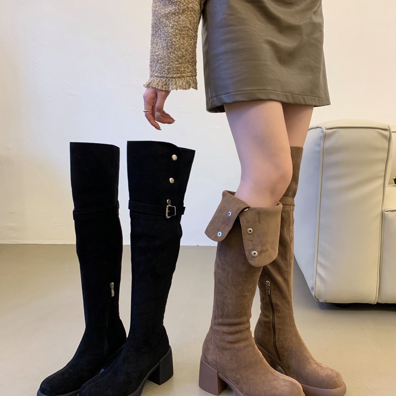 美拉德俩穿翻折高跟过膝靴子女长筒靴厚底2025新款显瘦高筒长靴女