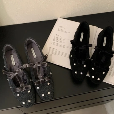 内增高方头花朵水钻加绒呢子毛毛鞋女外穿秋冬季气质玛丽珍单鞋子