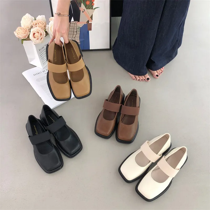 法式新品鞋女小众设计气质新品感粗跟黑色方头高跟鞋女春秋单鞋