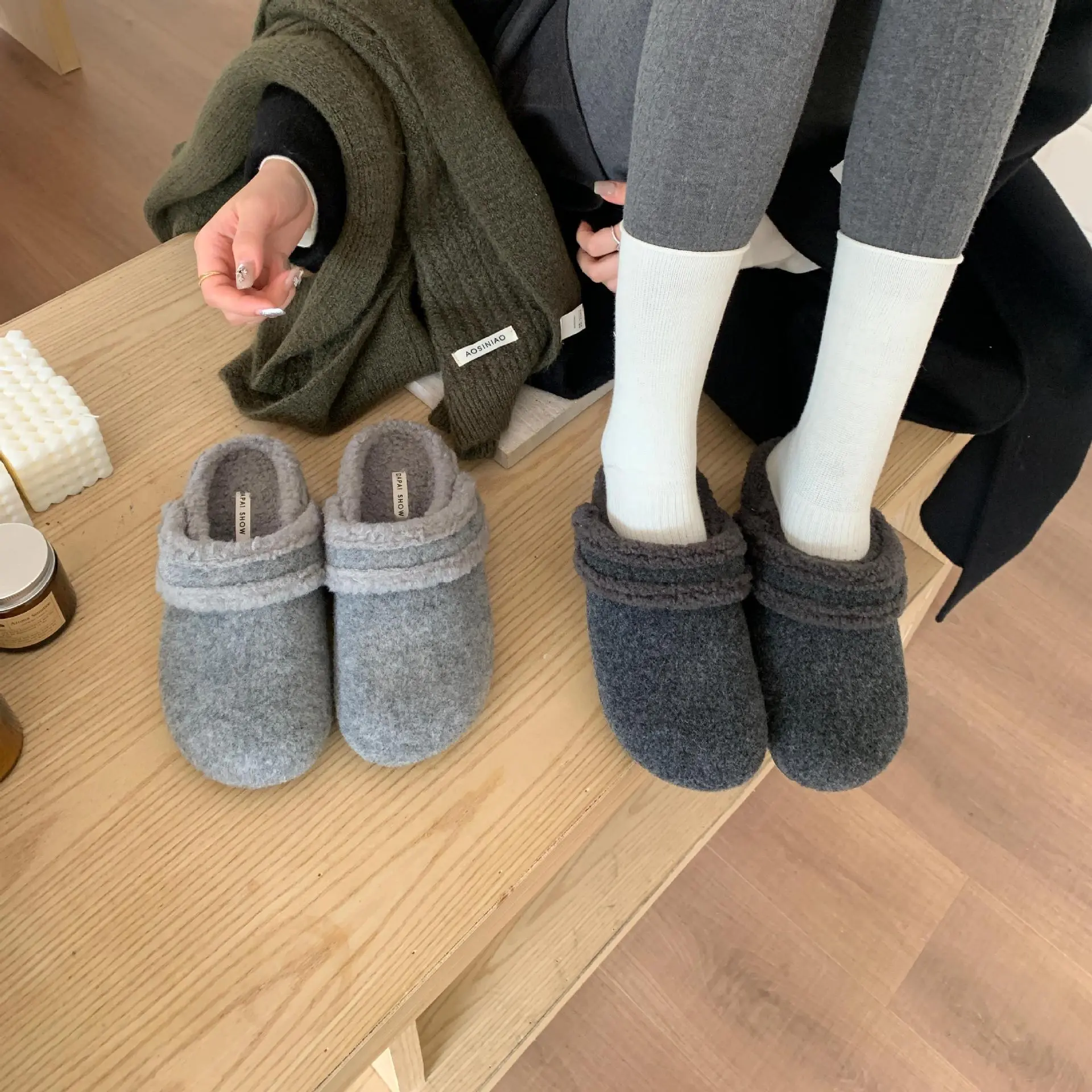 内增高厚底勃肯鞋女加绒灰色玛丽珍毛毛鞋女冬外穿韩版呢子棉鞋子