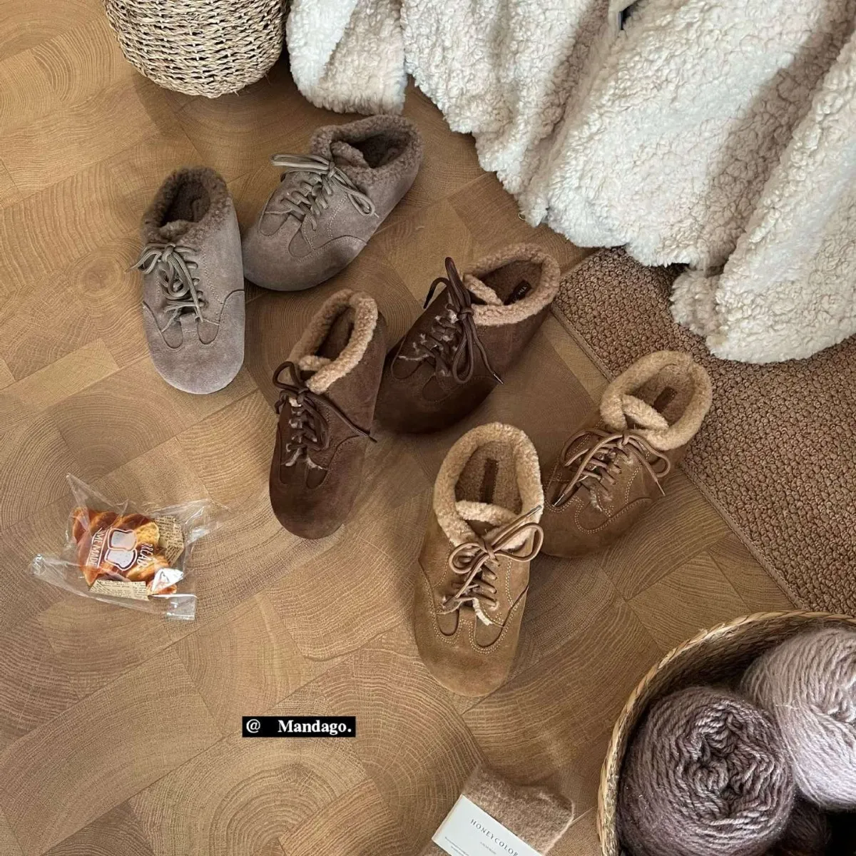 韩系系带勃肯鞋2025秋冬加绒毛毛鞋软底舒适保暖棉鞋德训鞋单鞋