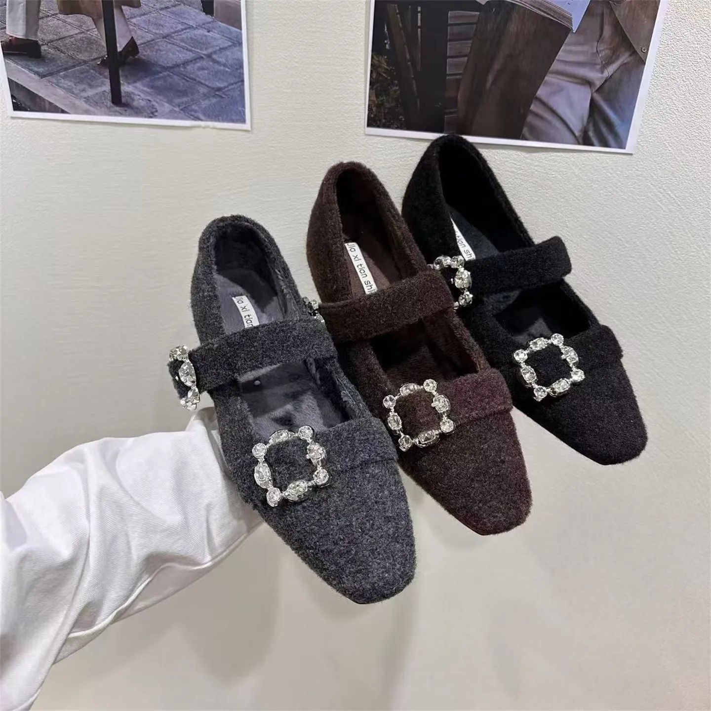 2025冬季加绒灰色毛毛鞋玛丽珍晚晚鞋内增高方头水钻单鞋女鞋子