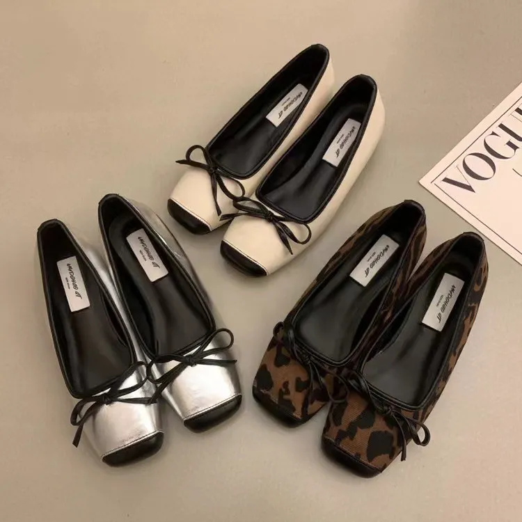 内增高小众豹纹单鞋女鞋子2024年春秋新款方头蝴蝶结浅口气质瓢鞋
