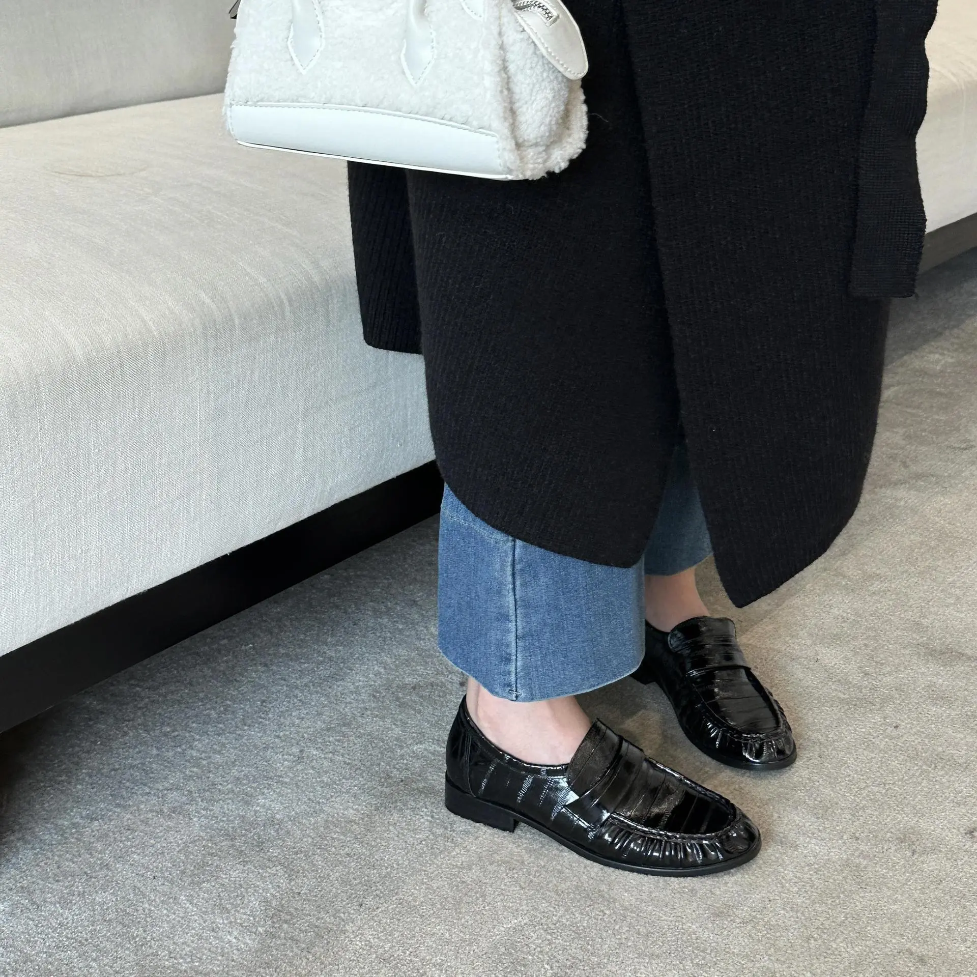 2023春秋季黑色乐福鞋女士透气一脚蹬皮鞋软底粗跟黑色学院休闲鞋