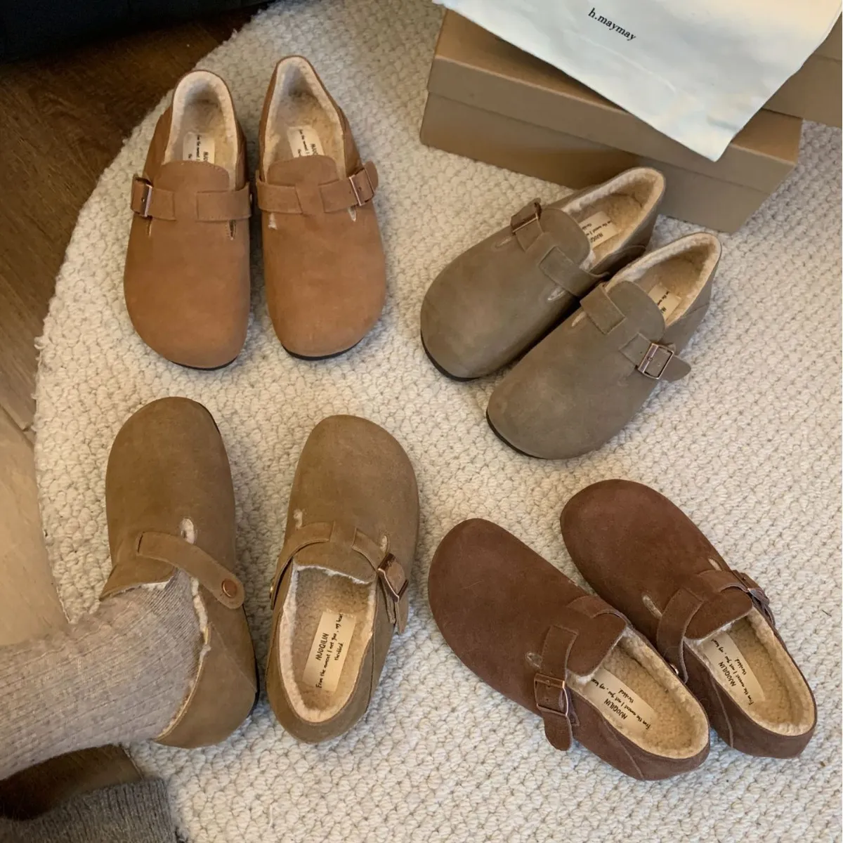 厚底加绒半拖真皮勃肯鞋毛毛鞋女鞋子外穿保暖拖鞋棉鞋乐福鞋单鞋