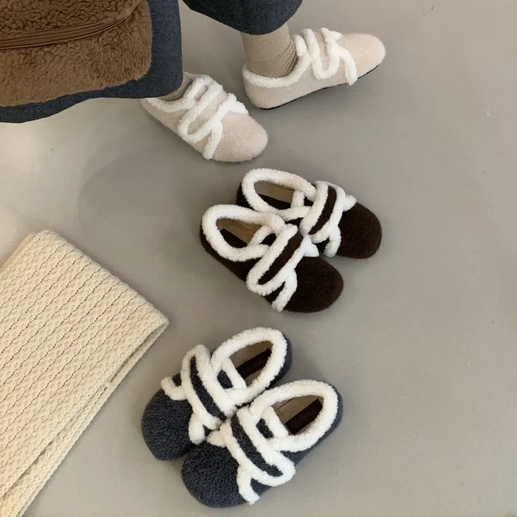 2025冬季毛绒鞋魔术贴加绒保暖棉鞋平底懒人鞋毛毛鞋深口单鞋