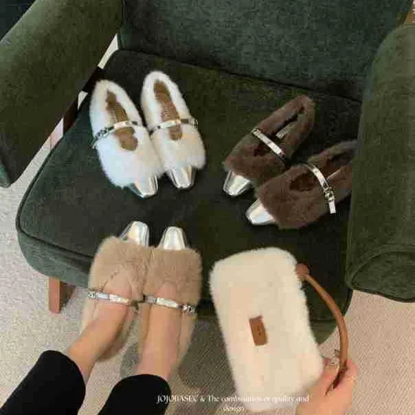 小香风白色平底尖头玛丽珍毛毛鞋女外穿2025秋冬新款加绒保暖棉鞋