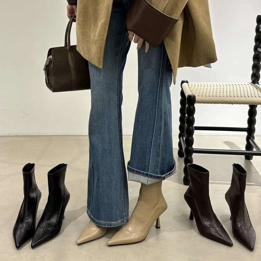 7CM加绒小跟短靴女百搭细跟瘦瘦靴2025冬季新款尖头软皮中跟短靴