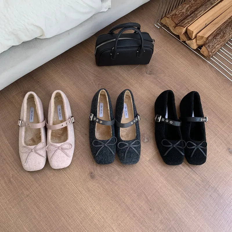 内增高4cm蝴蝶结加绒保暖灰色玛丽珍棉鞋女秋冬外穿厚底毛毛鞋女