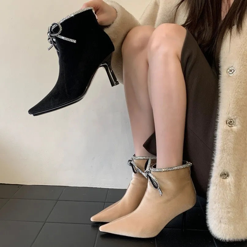跨境外贸尖头水钻高跟短靴女士2024新款瘦瘦靴细跟秋冬季靴子皮靴
