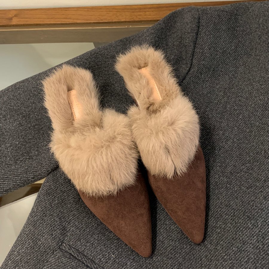 2025秋冬新款小猫跟尖头毛毛半拖鞋外穿包头真毛小矮跟穆勒包头拖