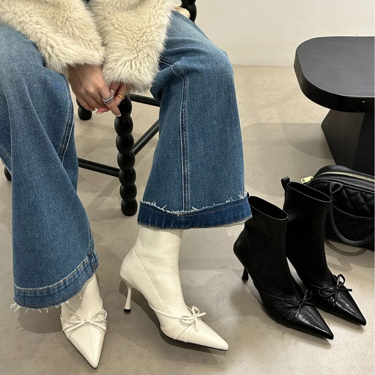 高跟靴尖头蝴蝶结短靴女欧美2025秋冬新款靴子春秋单靴瘦瘦女靴子