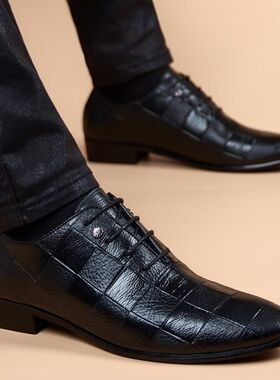 男婚鞋尖头皮鞋男韩版系带黑色内增高男鞋青年英伦真皮商务正装德