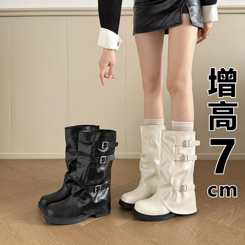 裤管靴女内增高7cm~白色中筒靴春冬新款百搭骑士靴厚底褶皱堆堆靴