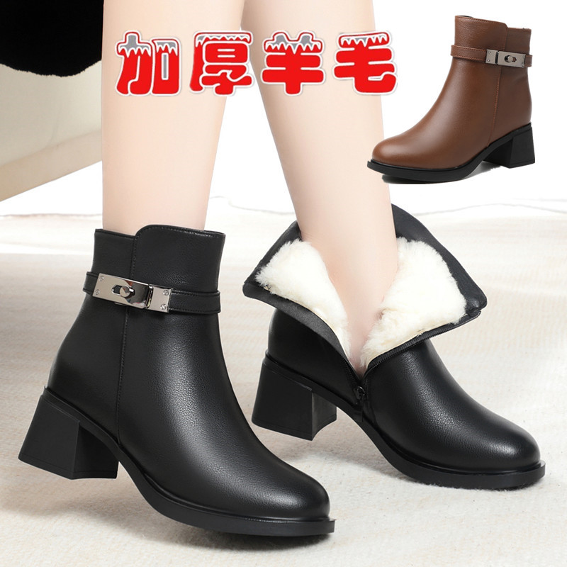 冬季靴子女中筒靴真皮中跟加绒女