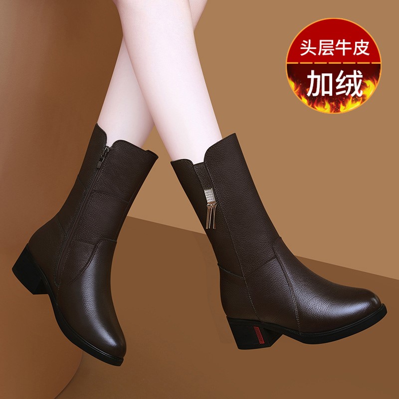 真皮半桶薄绒棉鞋粗跟女士中筒靴