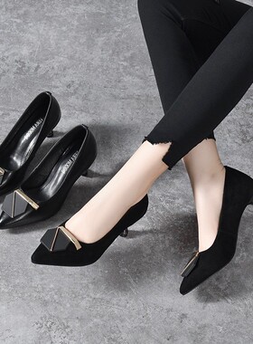 法式高跟鞋秋季细跟尖头黑色2023年新款设计感小众气质3cm5cJ