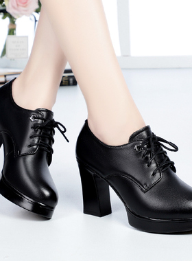 上真皮高跟系带女士皮鞋黑色圆头粗跟厚底班女鞋春秋款深口单鞋女