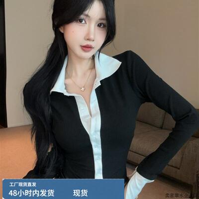 假两件Polo领长袖t恤女秋冬新款高级感短款上衣打底衫内搭衬衫