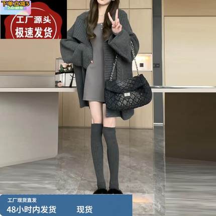 慵懒风灰色毛衣开衫女小个子高级感秋冬宽松加厚针织开衫上衣外