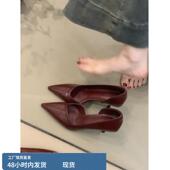 侧空细跟高跟工作鞋 羊皮版 女春秋新款 气质名媛尖头浅口单鞋 法式