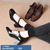 一字带扣舒适粗跟单鞋 覆古方头浅口气质高跟鞋 女 法式 2025春秋新款
