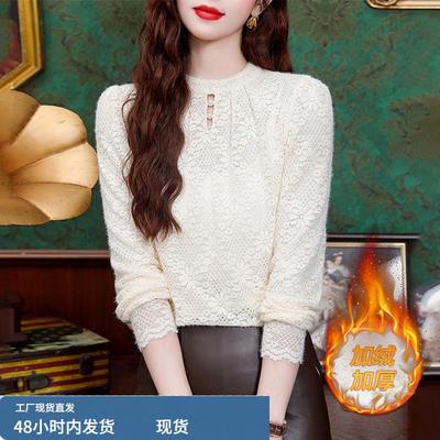 高端加绒加厚打底衫女士2025新款爆款洋气秋冬蕾丝上衣轻奢高级感