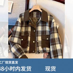 咖色格子短款芼呢外套女款2025新款冬加厚小个子夹檰保暖呢子大衣