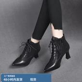 工作鞋 加绒加棉气质时尚 秋冬尖头高跟短靴细跟真皮女鞋 2022新款