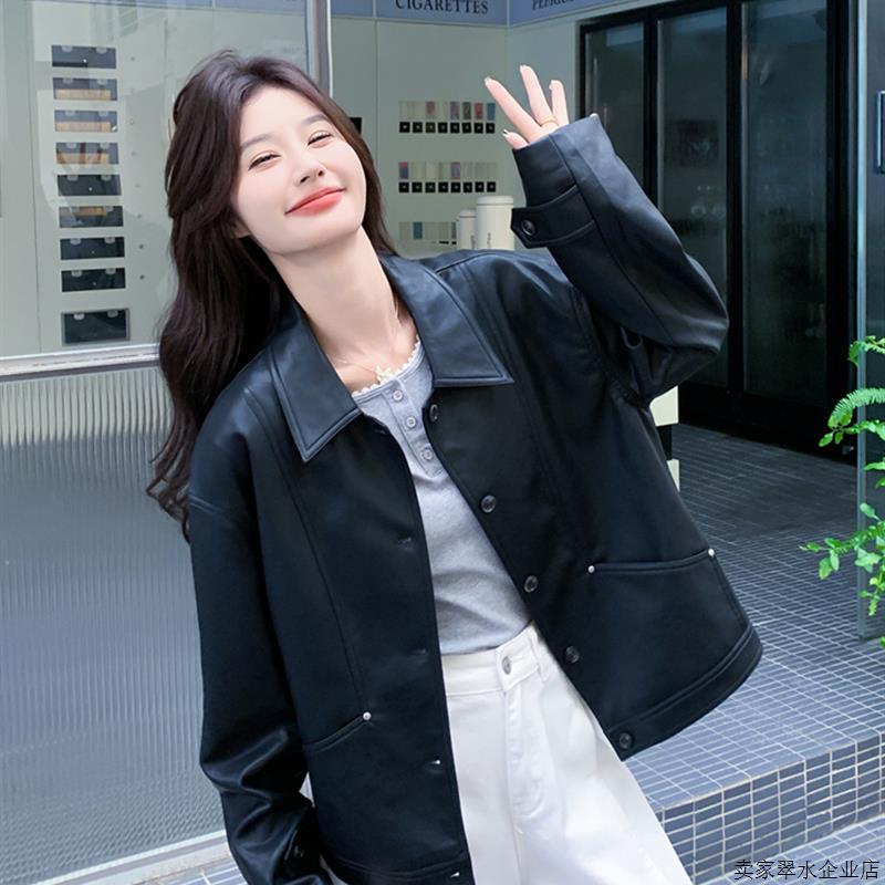 黑色覆古翻领皮衣外套女春秋2025新款显瘦PU夹克机车服爆款高级感
