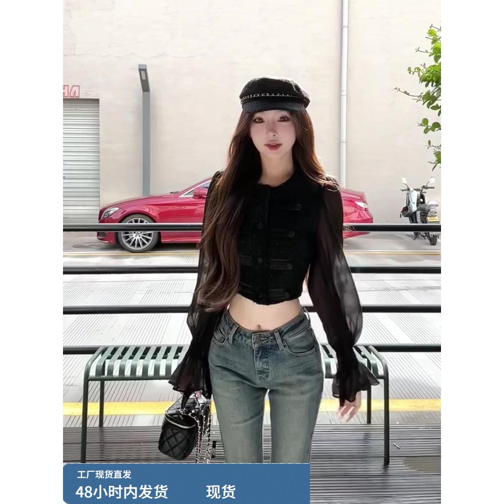 韩系气质网纱拼接短款衬衫2025年秋季新款别致独特超好看长袖上衣