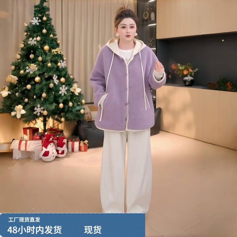 大码女装紫色假两件拼接连帽毛呢外套冬季微胖mm宽松减龄羔毛大衣