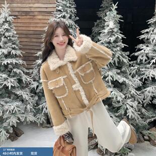 卡其色羊羔毛皮毛一体外套女秋冬季2025新款小个子短款加绒机车服