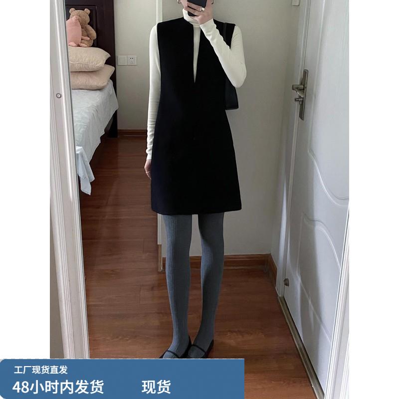 秋季黑色V领毛呢连衣裙子女设计高级感宽松显瘦气质打底背心短裙