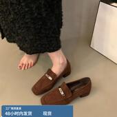 深口粗跟单鞋 女春秋锁扣英伦小皮鞋 复古方头一脚蹬乐福鞋 羊皮版