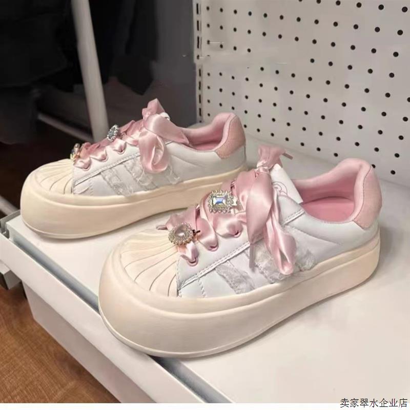 韩版运动休闲鞋女2025春秋季新款甜美百搭小白鞋圆头贝壳头厚底板