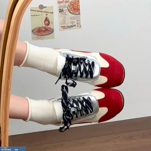 软羊皮~红色德训鞋女2025秋季新款休闲阿甘鞋圆头板鞋平底运动鞋